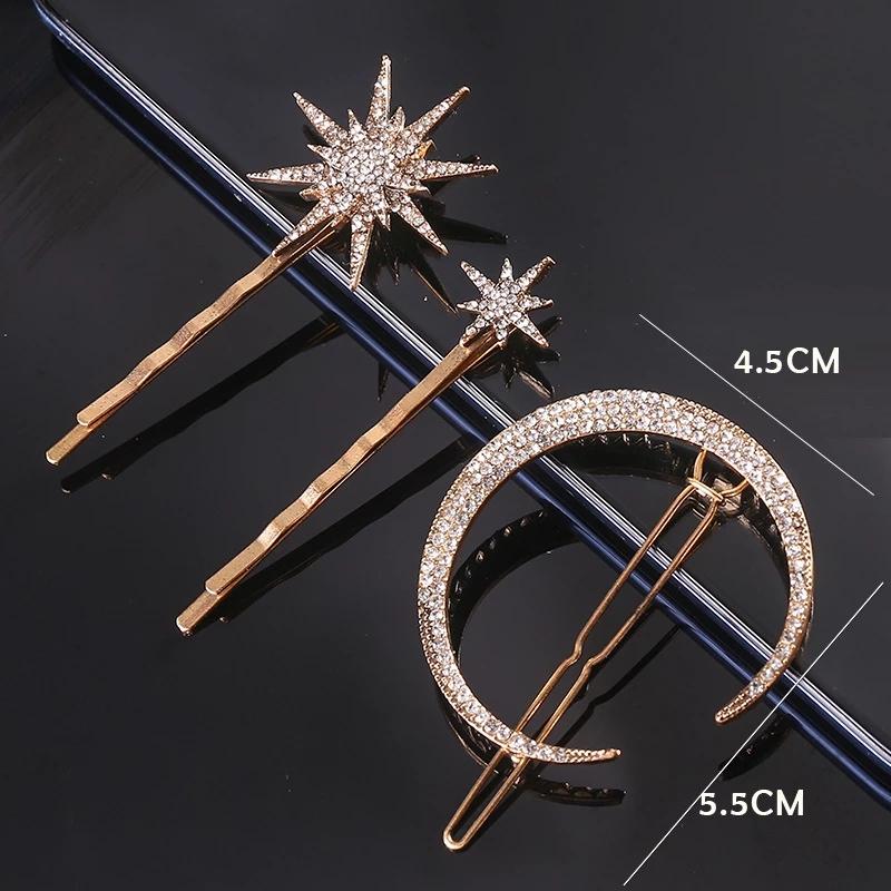 New Geometric Stars Moon Rhinestone Hair Clip Set Snowflake Star Bride Hairpins Women Side Clip Hair Barrettes Hair Accessories