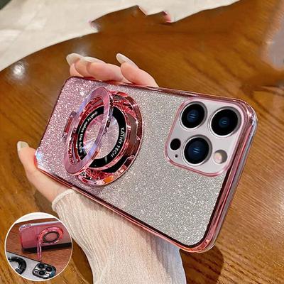 Luxury For Magsafe Wireless Charging Case For iPhone 11 12 13 14 15 Pro Max Plus Glitter Magnetic Ring Bracket Transparent Cover
