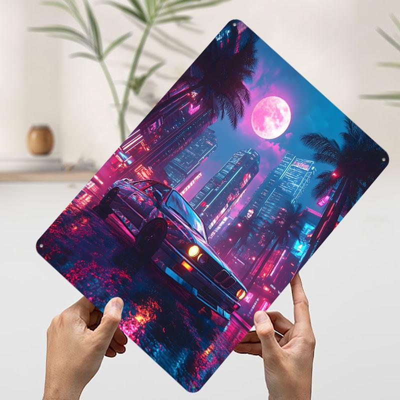 Sports Car M E Neon City Printed Poster Customized Wall Art Retro Vintage Metal Tin Signs for Home Bathroom Decor House Items