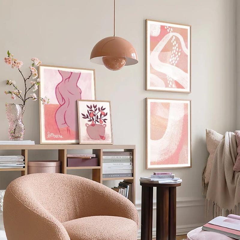 Abstract Woman Wall Art Canvas Painting Pink Red Line Body Flower Vase Living Room Decor Posters And Prints Home Wall Pictures