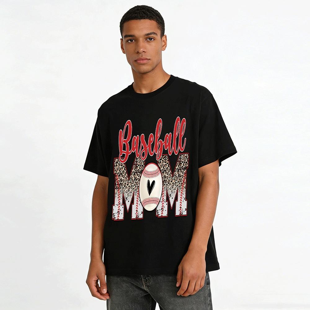 Leopard Print Heart Baseball Mom Graphic Casual Top Pure cotton T-shirt