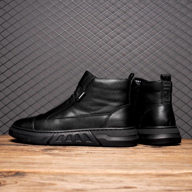 New Men Black Leather Boots Fashion High Top Leather Ankle Boots Motorcycle Lace-up Platform Casual Shoes