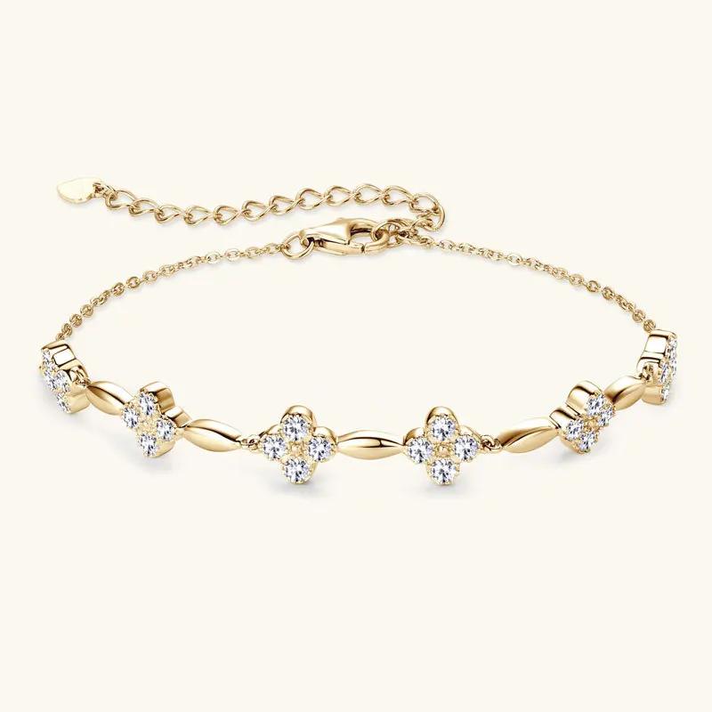 2mm Moissanite Bracelet 925 Silver Four-leaf Flower Adjustable Chain Bracelets for Women Girl Charm Hand Jewelry