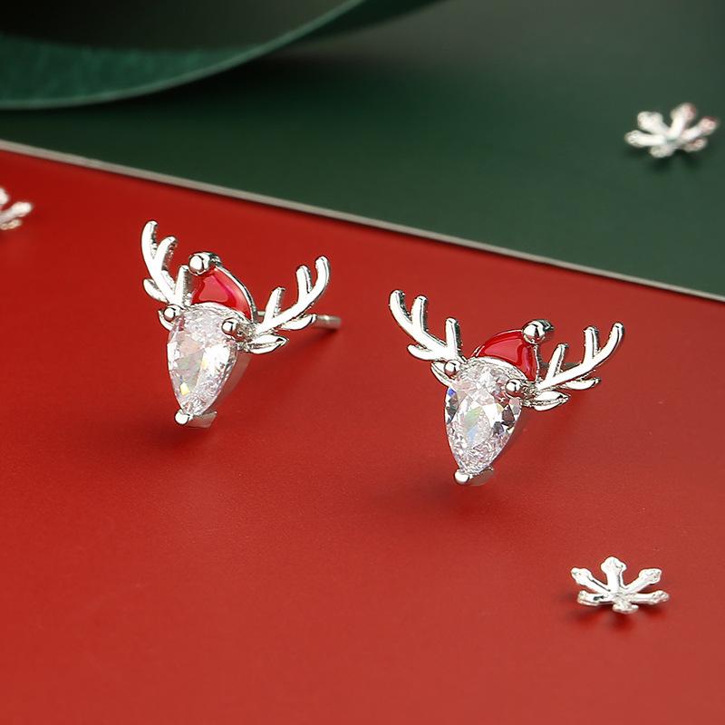 S925 Sterling Silver Reindeer Snowflake Red Earrings - Christmas Series Studs for Women