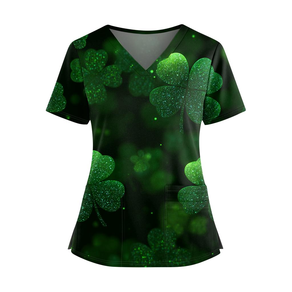 Frauen St. St. Patrick's Day Druck V-Ausschnitt Doppeltasche Kurzarm Uniform Oberteil mit geschlitztem Saum
