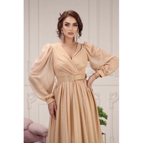 Zweireihiges Abendkleid mit Kragen, Gürtel und Ballonärmeln aus glitzerndem Tüll TE Settür Abendkleid