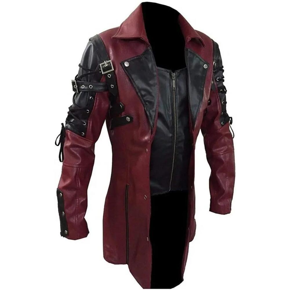 Steampunk Men's Gothic Trench Coat Leather Jacket Punk Style Biker Jacke Autumn Winter Motocycle Jacket