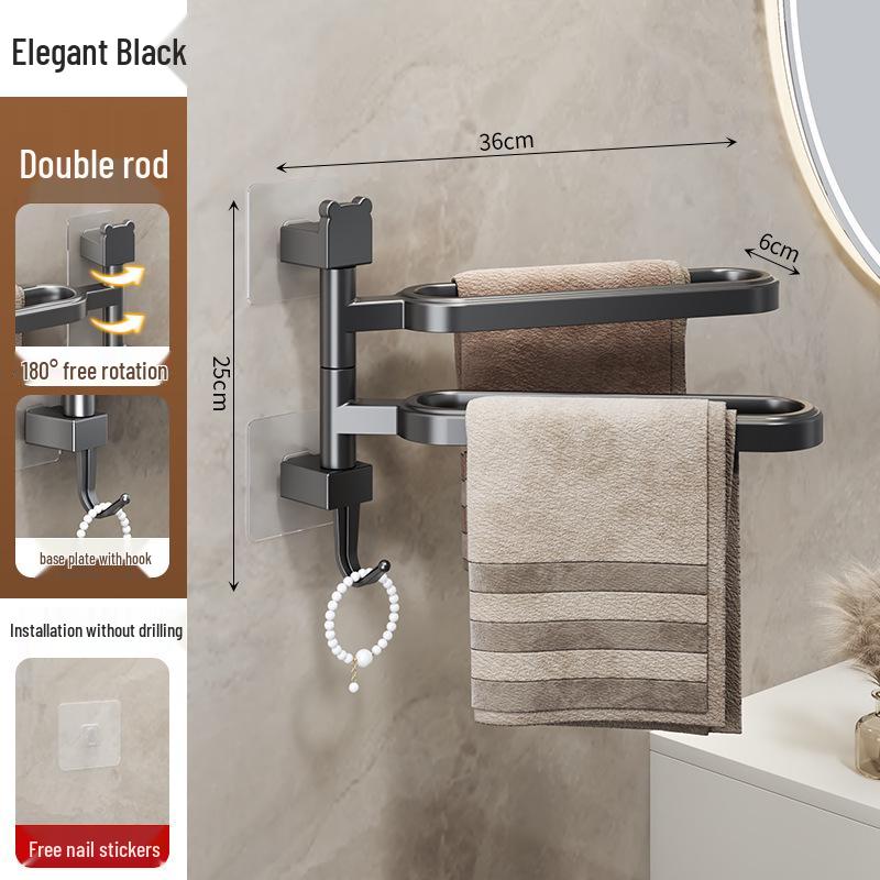 Wall-Mounted No-Drill Rotating Towel Rack and Shelf for Bathroom Storage