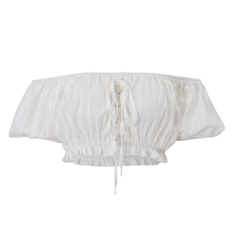 ins European and American style summer new sexy pure desire sweet word shoulder pleated strap bubble sleeve top women