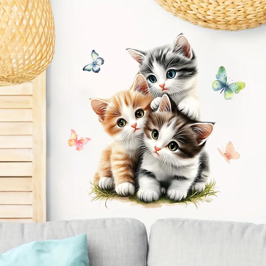 3D Cute Cartoon Kitten with Butterfly Wall Stickers, Healing Style Self-Adhesive Decor for Kids Room Decoration
