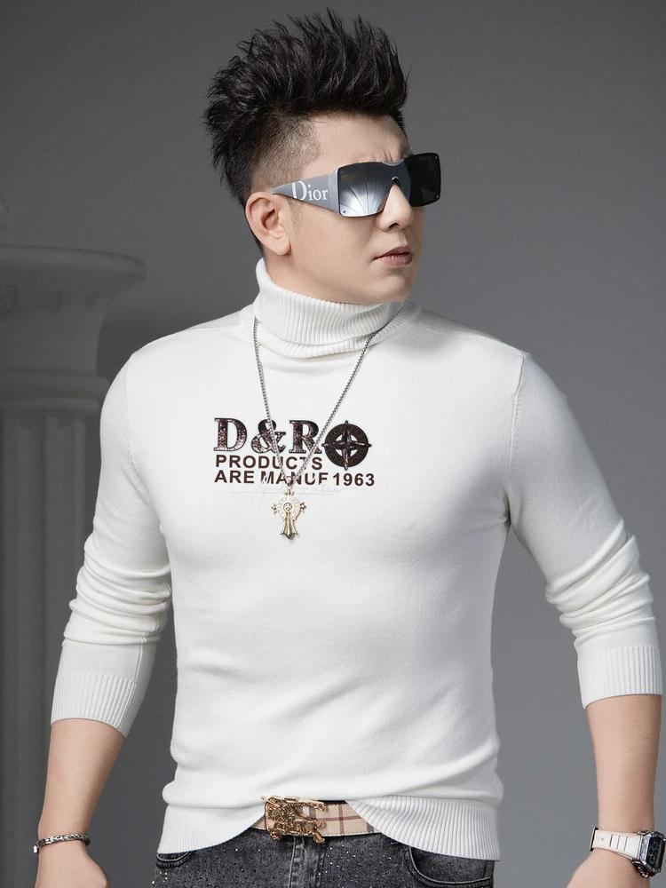 European Men's High-Neck Knitted Sweater Autumn and Winter Base Layer 2025 New Trendy Printed Rhinestone Sweater