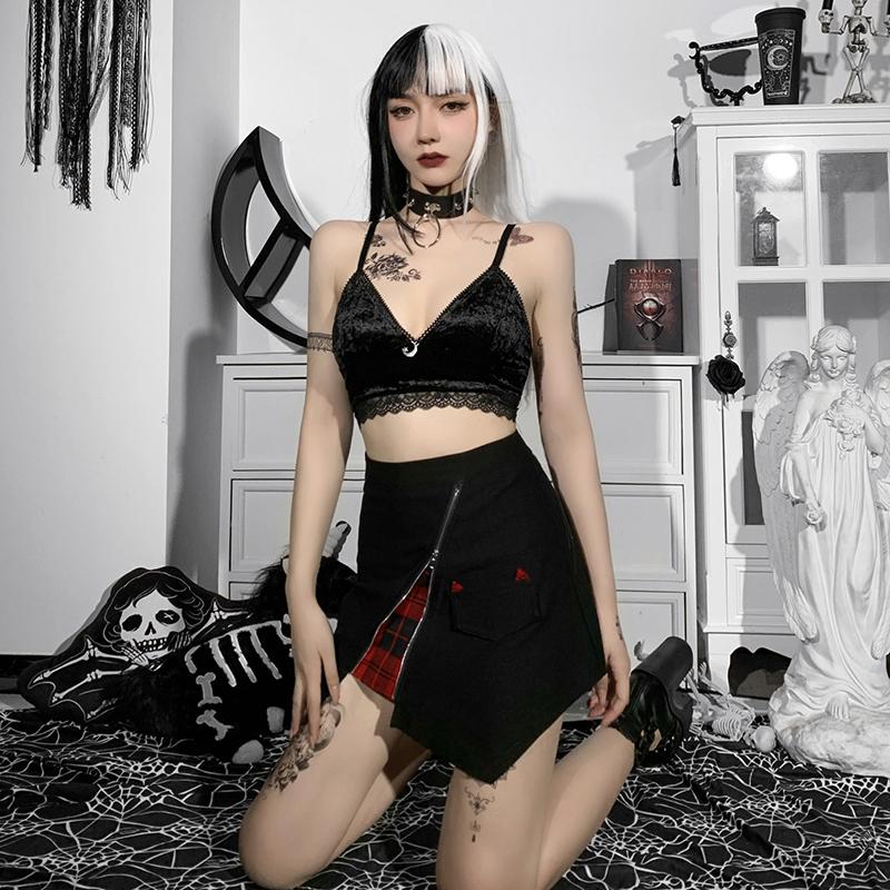 Women Gothic Punk Black Skirt Harajuku High Waist Zipper Mini Skirts Streetwear