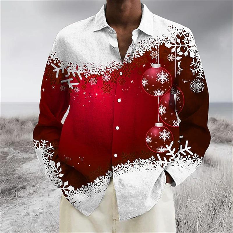 Christmas Men's Long-Sleeve Shirt, Red and White Color Block, Christmas Ball and Snowflake Pattern, Holiday Party Shirt