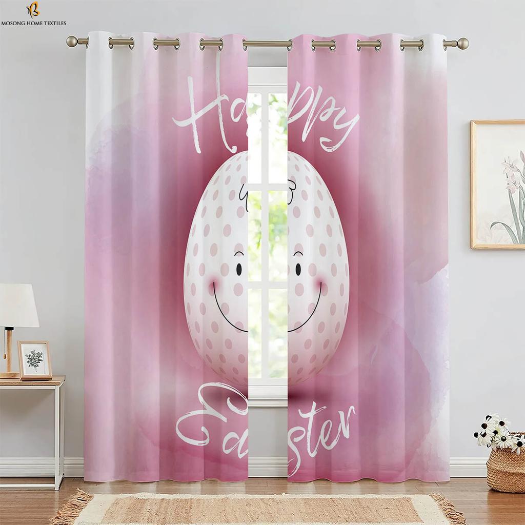 Set Of 2 Easter Decorative Curtains Retro Cartoon Rabbit Print Bedroom Living Room Children Curtain For Sitting Made Polyester