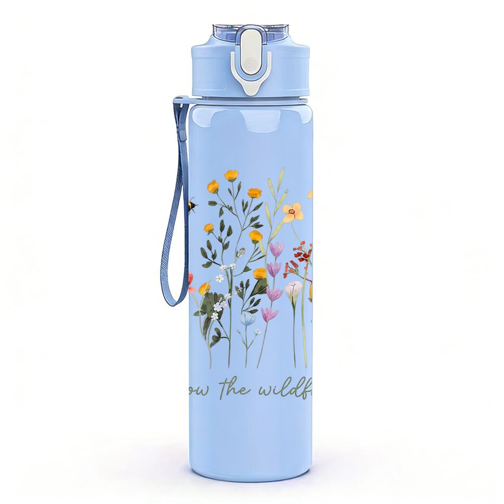 1PC Wildflower Inspirational Quote Graphic,750ml Color Plastic Sports Water Bottle,Leakproof Flip Straw Lid,Suitable for Sports Office Home Use