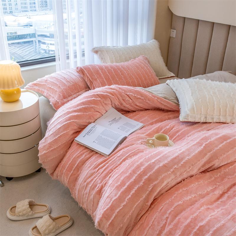 

Ins однотонное молочное бархатное одеяло из четырех частей с бахромой кораллового бархата, зимнее фланелевое одеяло, пододеяльник, постельные принадлежности 1.8M(4pcs)