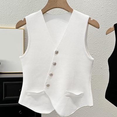 French Retro V-Neck Single-Breasted Irregular Sleeveless Slim Knitted Vest For Women