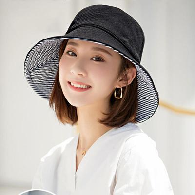 Koreansk Stripet Dobbeltsidig Bøttehatt For Kvinner Bred Skygge Anti-UV Solbeskyttelse Panama Hatt Utendørs Strand Reise Fiskehatter