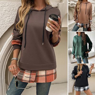 Damer Vår Höst Kontrasterande Färg Casual Falsk Tvådelad Sömmad Huva Långärmad Pullover Huvtröjor Sweatshirt Topp