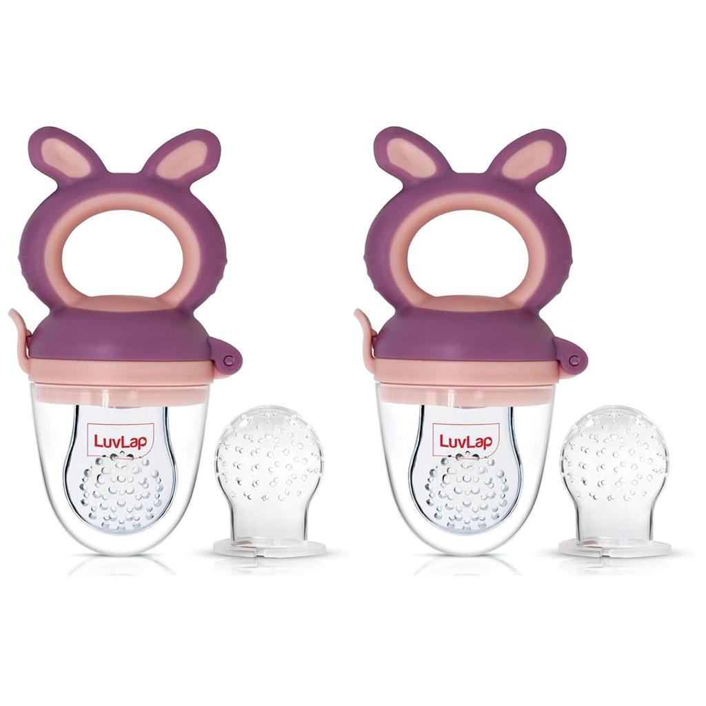 LuvLap Silicone Food Nibbler With Extra Mesh Soft Teether Feeder For Baby Infants Safe BPA Free Bunny Design Violet Pink Pack of 2