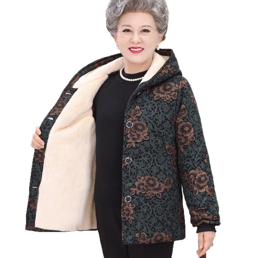 Grandma Winter Hooded Cotton Jacket - Thick, Warm, Plus Velvet for Middle-Aged & Elderly Women