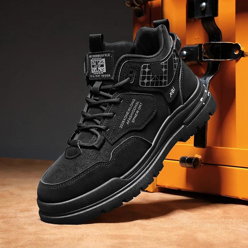 

Осень 2024 года, высокие рабочие ботинки, тренд, мужские универсальные ботинки на нескользящей платформе, удобная обувь для походов на открытом воздухе, Botas Masculino 44 чёрный