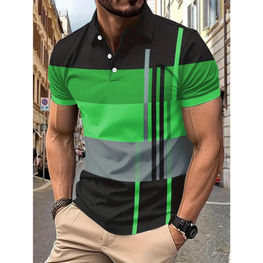 Summer Men's Daily Casual Stripe Printed Lapel Short Sleeve Polo Shirt Top