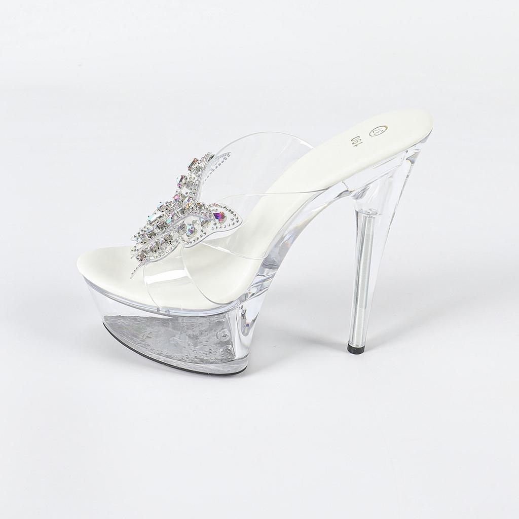Rhinestone Sexy High Heel 15CM Thin Heel Waterproof Table Slippers Transparent Crystal Shoes Wedding Shoes Banquet High Heel