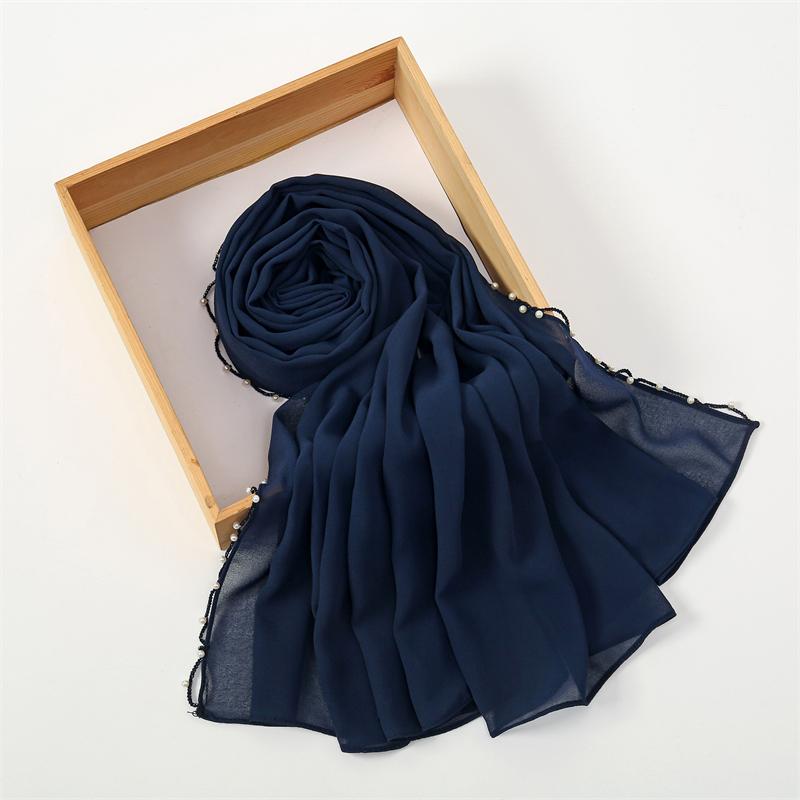 Muslim Chiffon Hijab Scarf Pearl Edge Solid Color Squane Head Wrap For Women Hijabs Scarves Jersey Hijabs Islamic Turban Headban