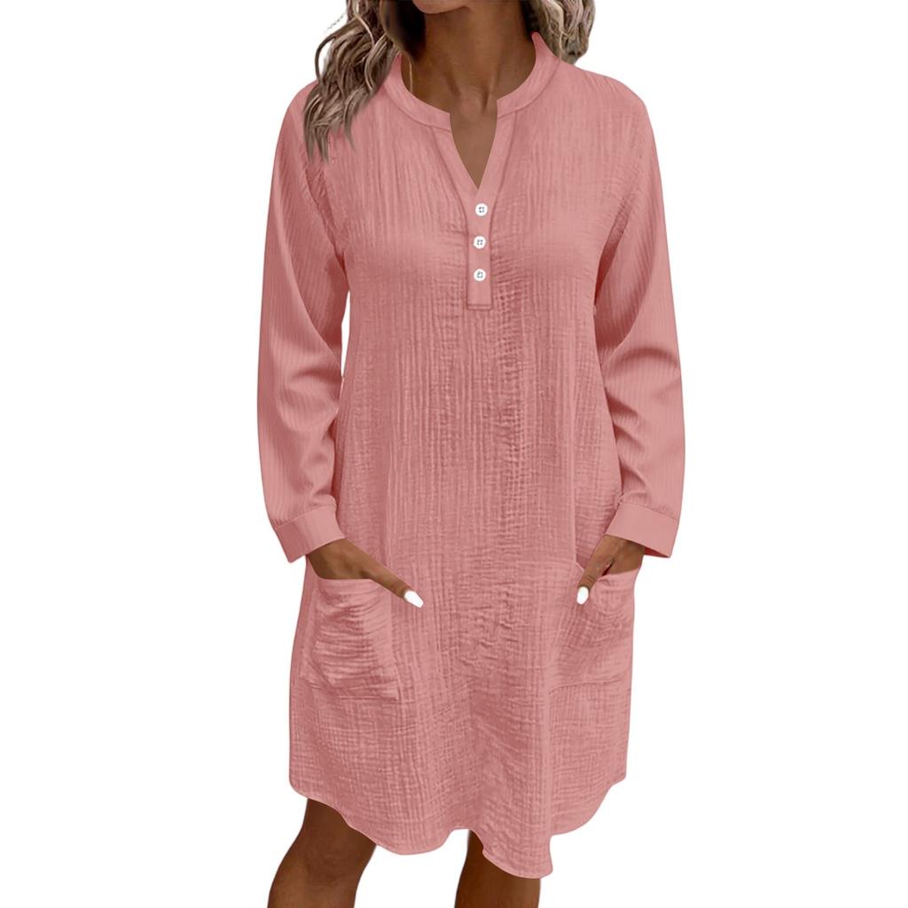 Women's Casual Solid Color Loose V-Neck Button Long Sleeve Beach Dress With Pockets