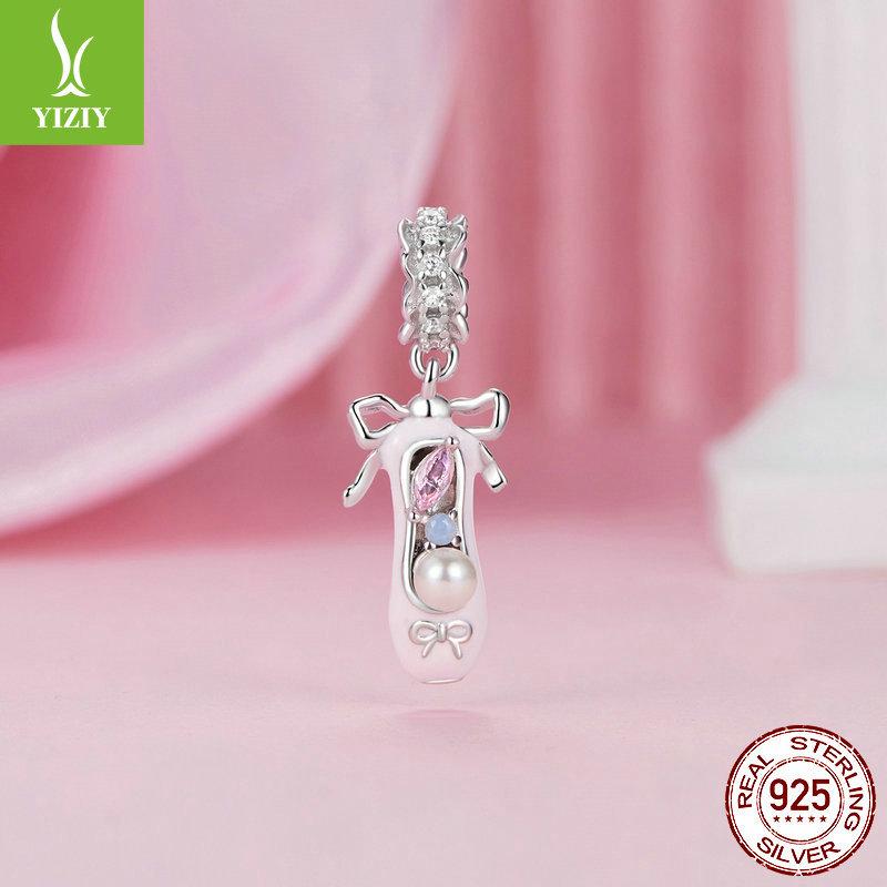Romantic Pink Bow S925 Silver Pendant Jewelry Accessories Sweet High Heels Champagne Diy Beads