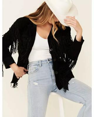 Women Suede Jacket Fringed Black Handmade Lambskin Leather Genuine Biker Motorcycle Stylish