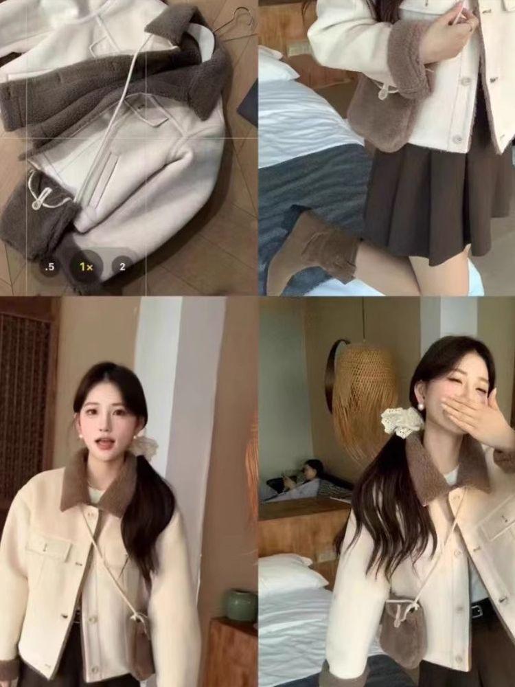 2024 Women's Petite Lambswool Short Jacket: Autumn/Winter Warm Turn-Down Collar Leather & Fur Slimming Top
