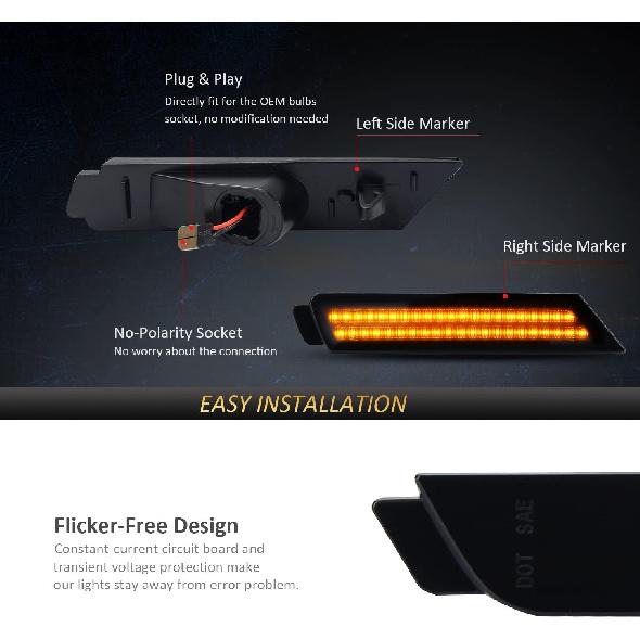 D-Lumina Chevy Camaro Side Marker Lights Smoked Lens for Camaro 2010 2011 2012 2013 2014 2015, Amber Front Bumper Marker Light Tinted Side Reflector,