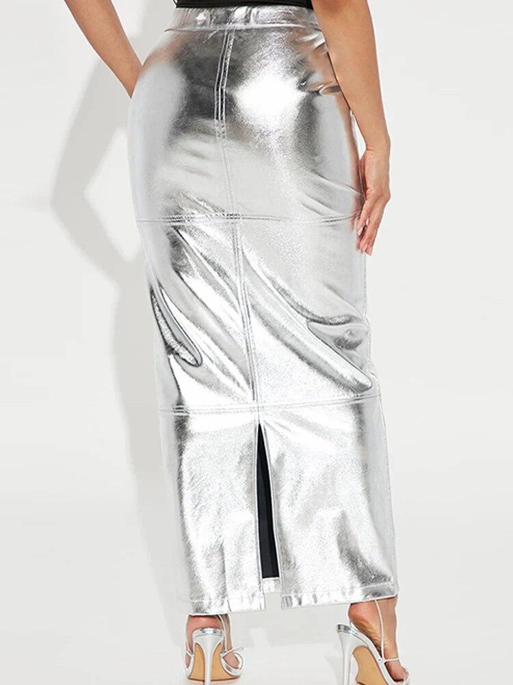 PU Leather Green Split Skirt for Women High Waist Hip Package Pathwork Bodycon Maxiskirt Sexy Female Prom Skirt New In 2023