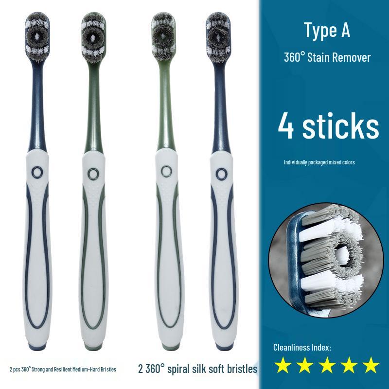 360° Medium-Hard Bristle Toothbrush for Effective Stain Removal - Spiral Filament, Soft Bristle, Adult Size