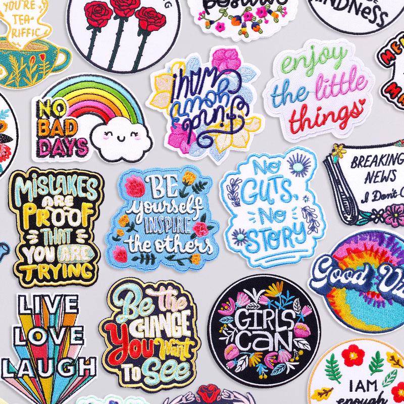 Positive Phrases Patch Iron On Patches On Clothes Cartoon Letters/Text Embroidery Patch For Clothing Fusible Decorate Applique
