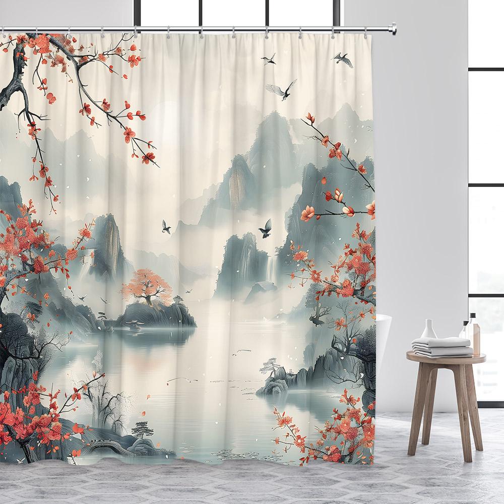 Ink Landscape Shower Curtain Abstract Mountain Water Red Floral Birds Chinese Style Bath Curtains Home Bathroom Decor with Hooks
