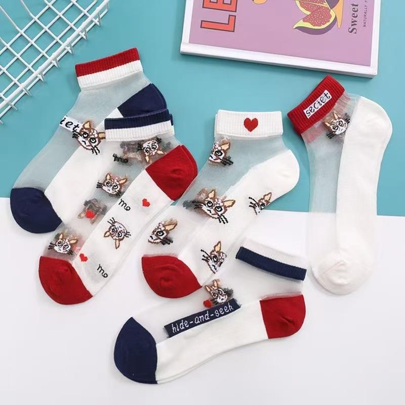 5 pares de meias femininas sensuais, meias de renda fofas de gato, meias de nylon anime Y2K para meninas, pretas, respiráveis, conjuntos de meias femininas