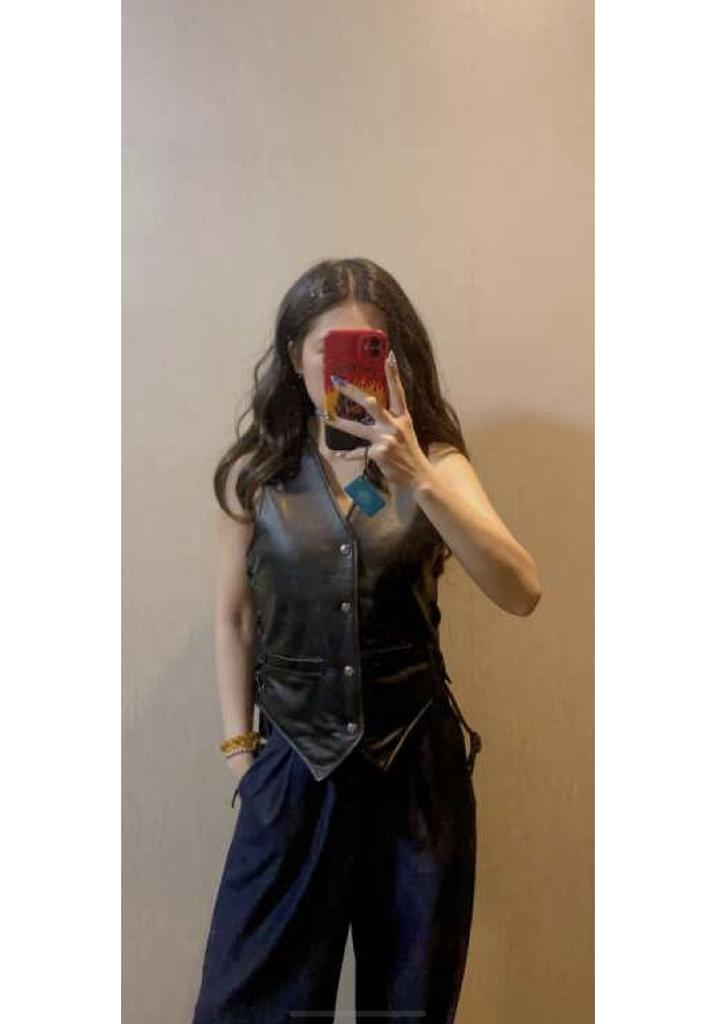 Club locomotive V-neck leather vest women's adjustable elastic leather drawstring cowhide vest