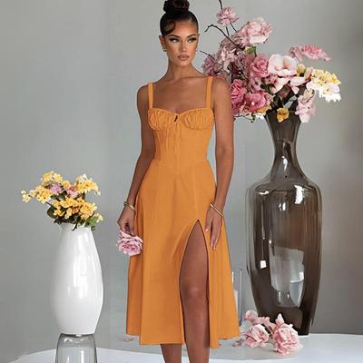 Kadın Tasarım Sense Backless Spagetti Kayışı Düz ​​Renk Diz Boyu Elbise V Yaka Yüksek Bel
