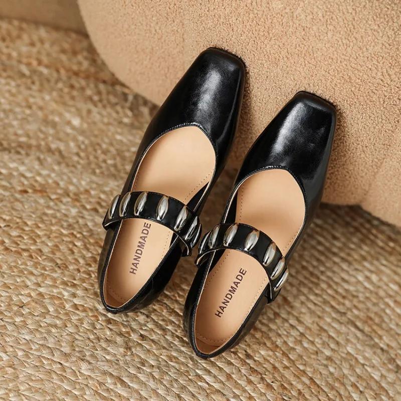 Fashion Cowhide Black Silver Metal Decorative Wedge Heel High-heeled Shoes Spring Autumn Fashion Commute Ballet Soft Flat Single Shoes