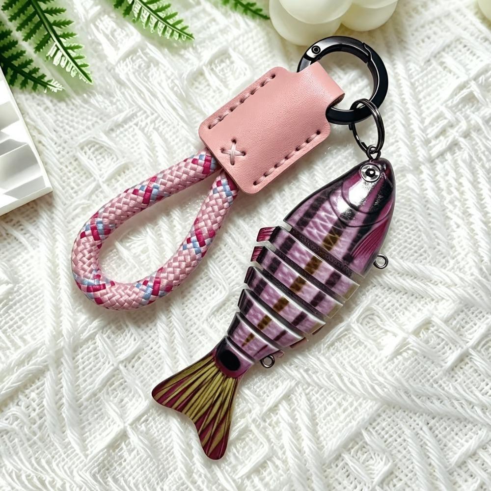 Novelty Multi-jointed Fish Keychain Hand-wrapped Leather Wooded Keyring  Backpack Decor
