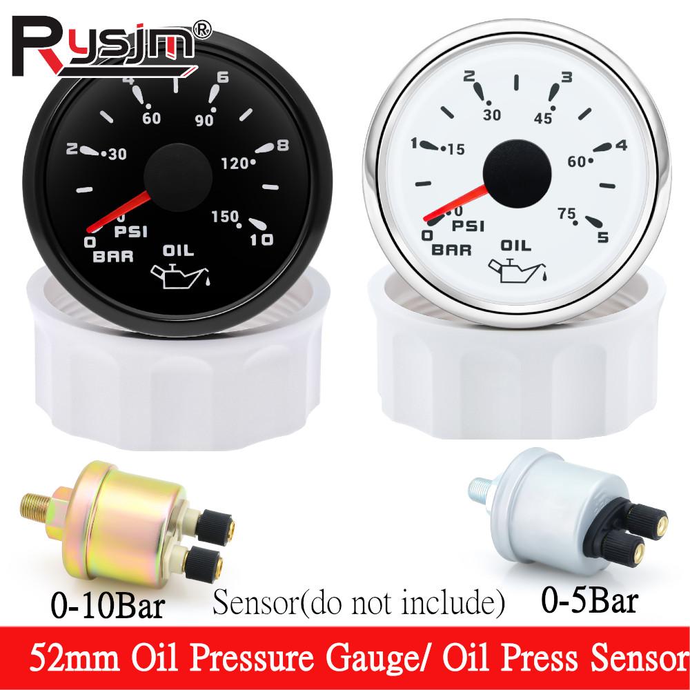 Marine Car Boat 52mm Oil Pressure Gauge+Sensor 0-5Bar 0-10Bar 7 Color Backlight Oil Press Meter Oil Press Indicator 12V/24V