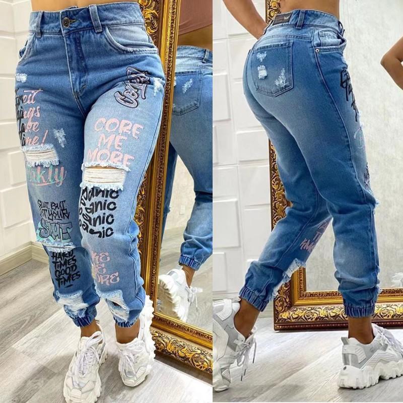 Letter Printed Ripped Jeans Women s Washed Retro Foot Pants S