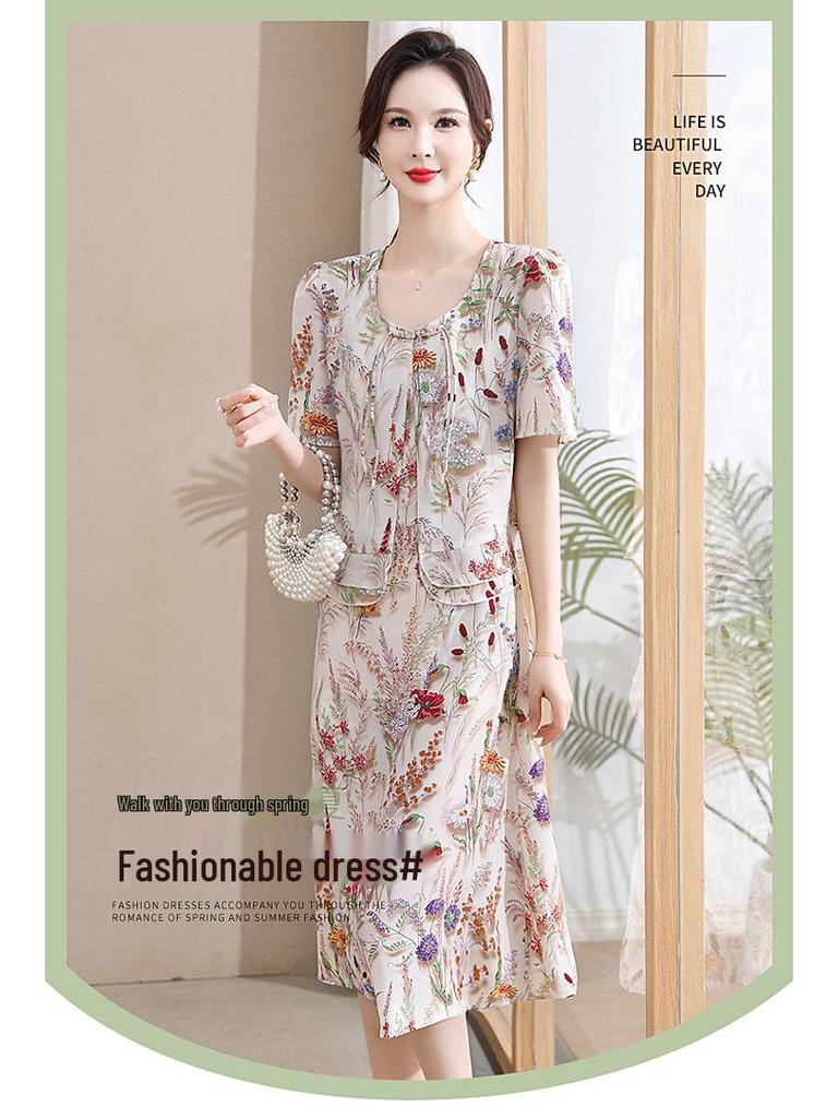 Chiffon V-neck Printed Dress for Women 2025 - Elegant Two-Piece Style for Middle-aged and Elderly Summer Fashion