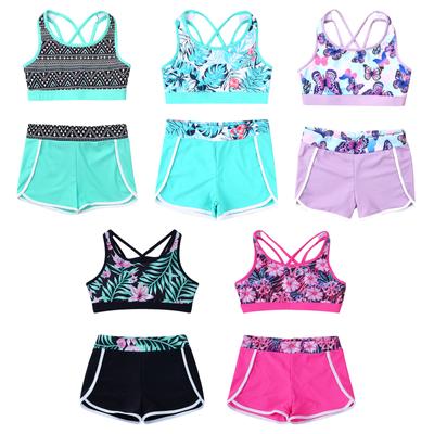 2Pcs Kids Girls Printed Swimsuit Outfit U Neck Strappy Back Crop Top with Boyshorts Shorts Bottoms Set Swimsuit for Beach Pool Swimming Bathing Suit
