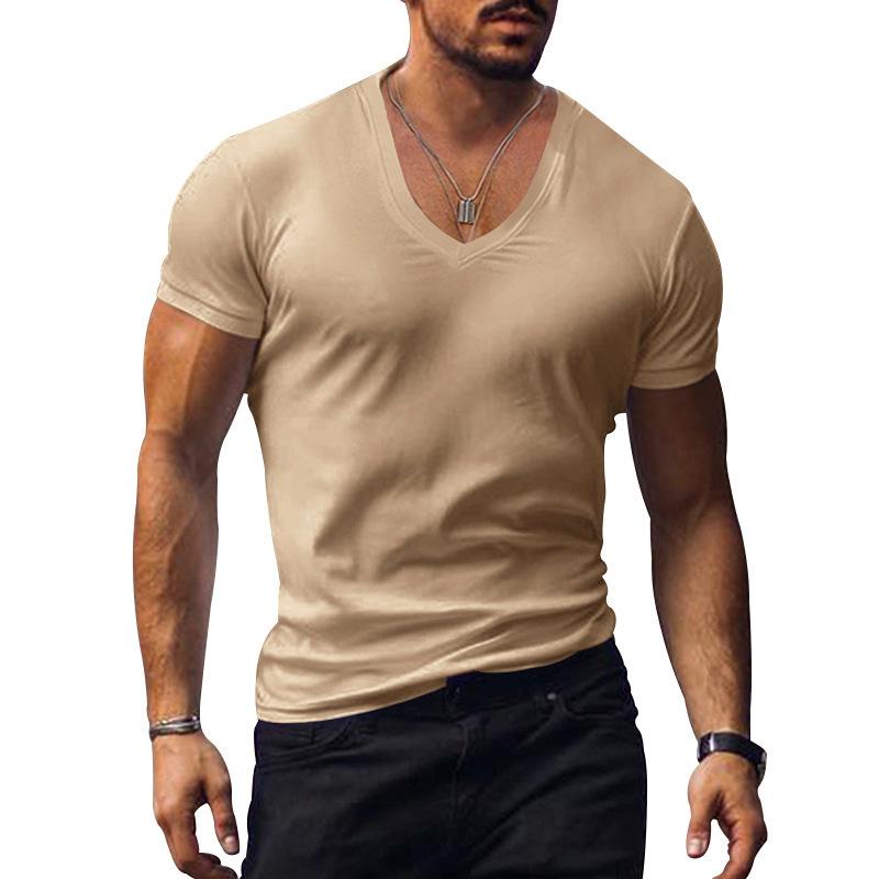 Summer Collection: Plain-coloured men’s slim-fit V-neck short-sleeved T-shirt – trendy brand top