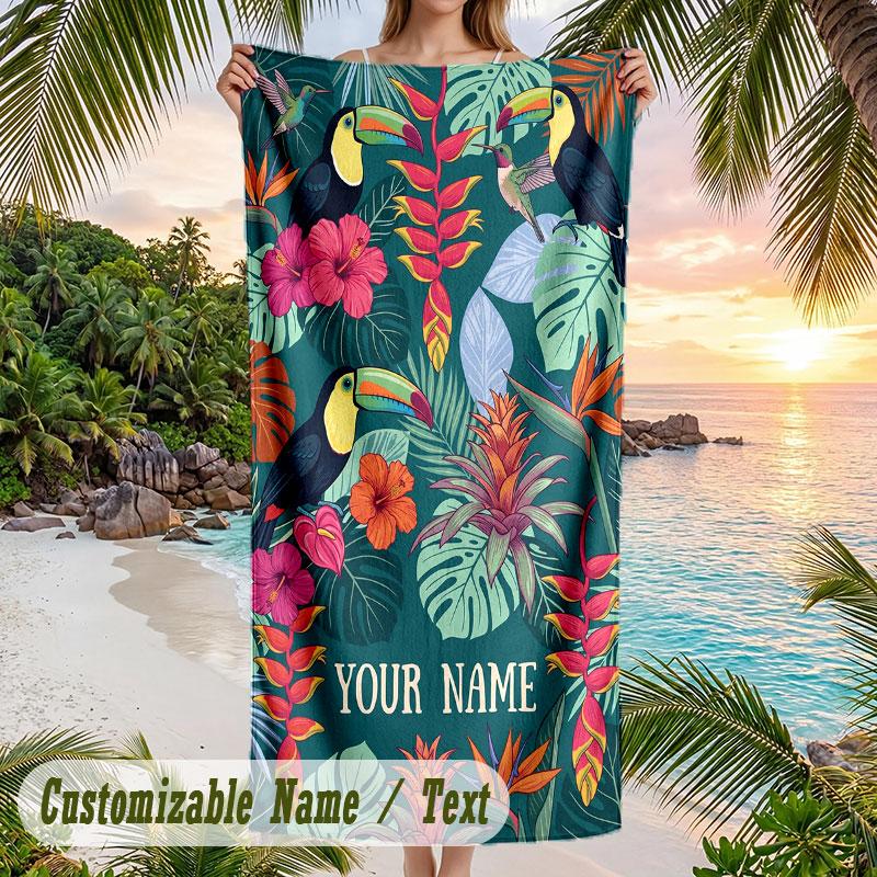 Tropical Paradise Theme Quick Dry Beach Towel Custom Name Text Print Large Sand Resistant Towel Beach Vacation