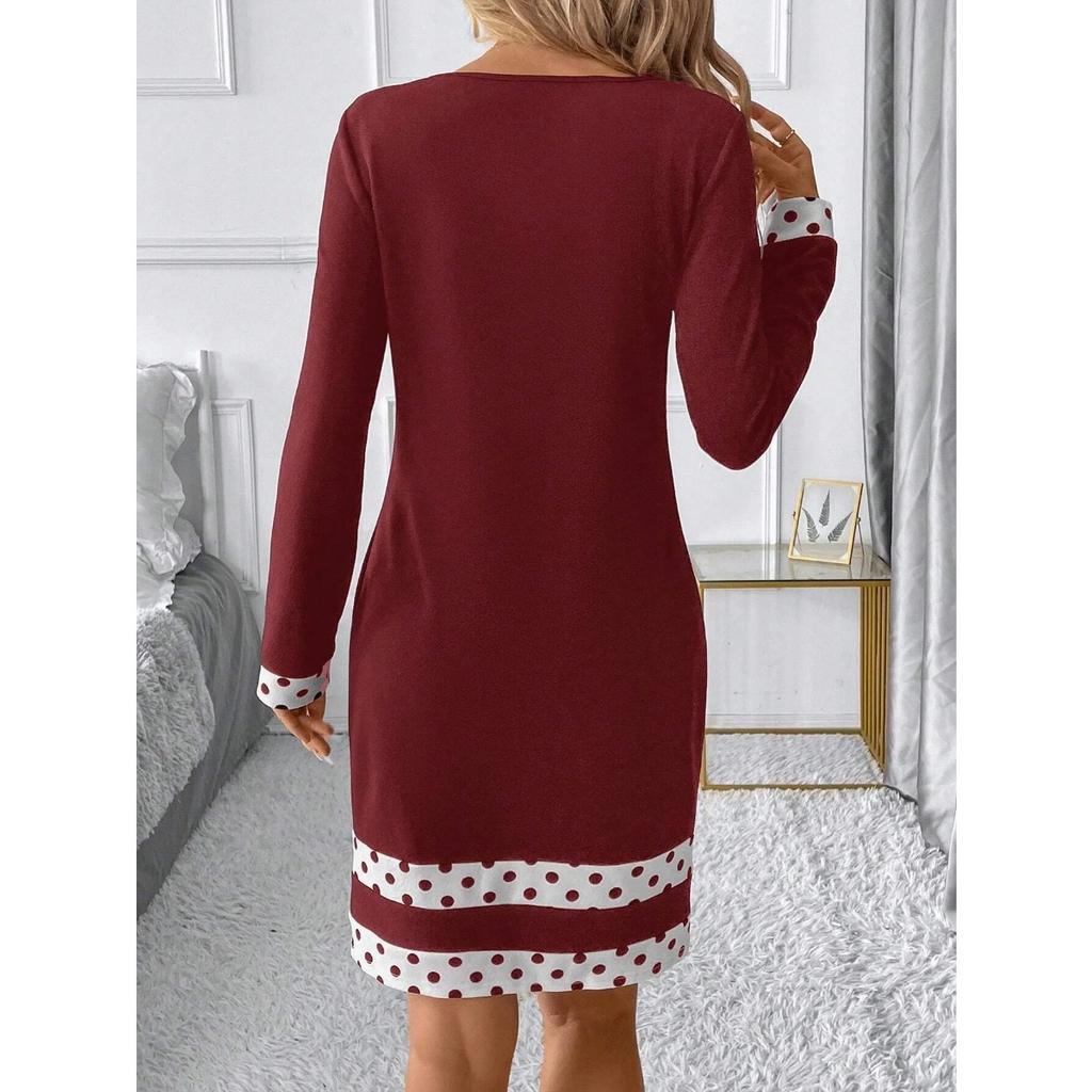Fall Winter Women's Burgundy Round Neck Long Sleeve Knit Dress, Elegant European American Style Casual Party Dress
